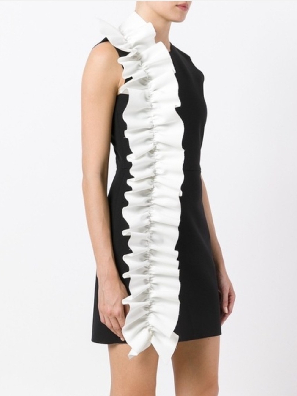 MSGM Milano Women's Black Sleeveless Crew N Sheath Mini Dress White Ruffle IT38